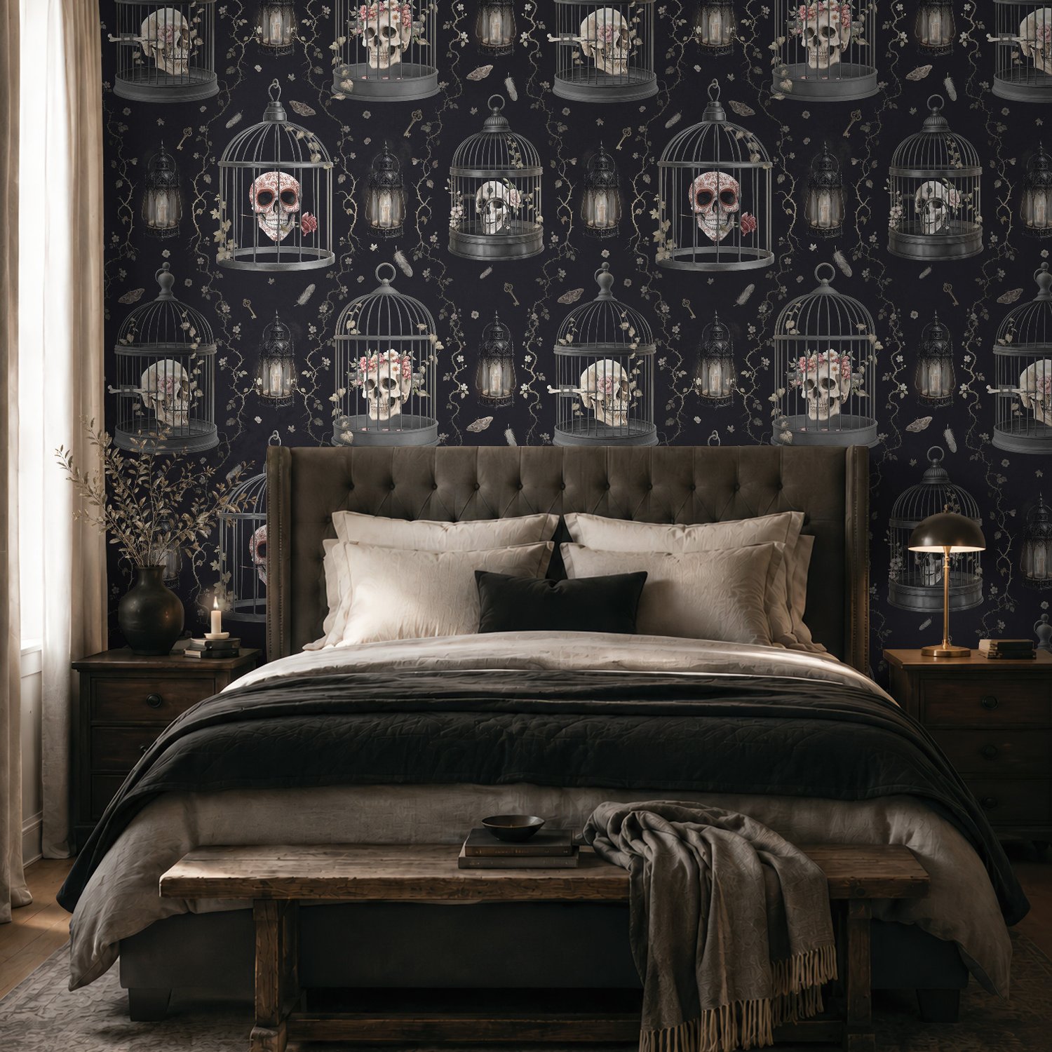 Dark Romantic Gothic Skull Cage Wallpaper Mural - Peel and Stick