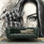 Papier peint panoramique portrait fille aux plumes noires monochrome