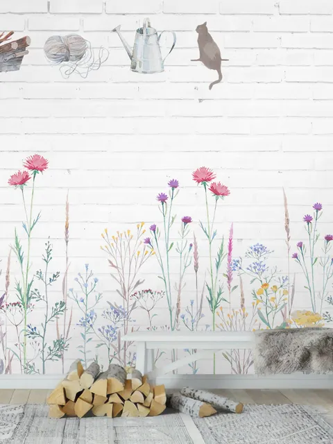 Watercolor Colorful Floral with White Brick Wall Wallpaper Mural