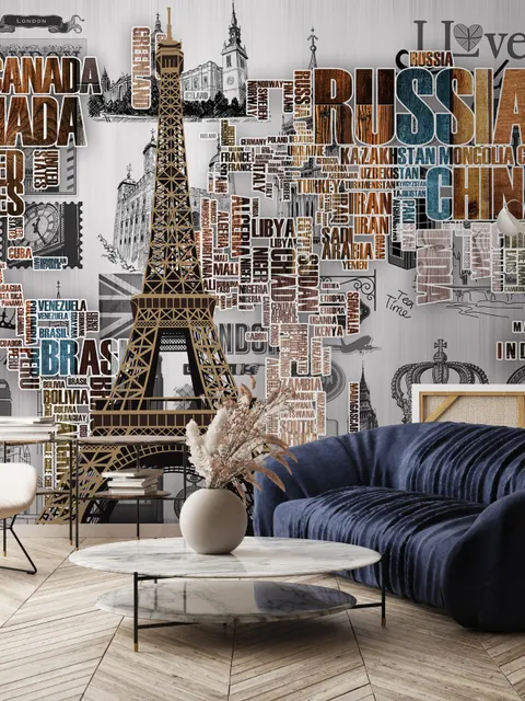 Papier peint panoramique typographie pays et Tour Eiffel