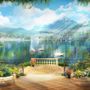 Fototapete Wasserfall und weiße Schwäne mit Gartenblumen Landschaft