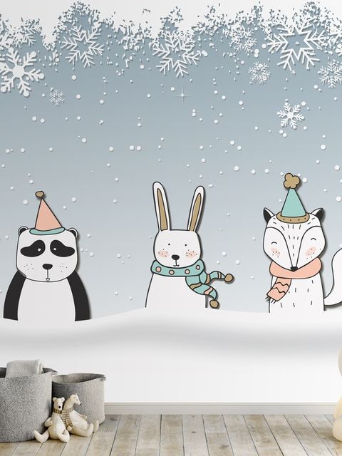 Cartoon-Fuchs und Panda Wintertiere Fototapete