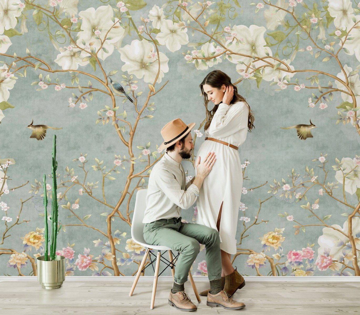 Soft Chinese White Florals with Birds Wallpaper Mural - Peel and Stick