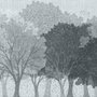Light gray wallpaper mural with misty forest trees, falling leaves and birds