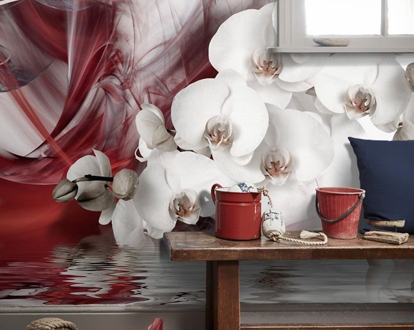 Papier peint panoramique cygnes et orchidées blanches avec motif fumée rouge