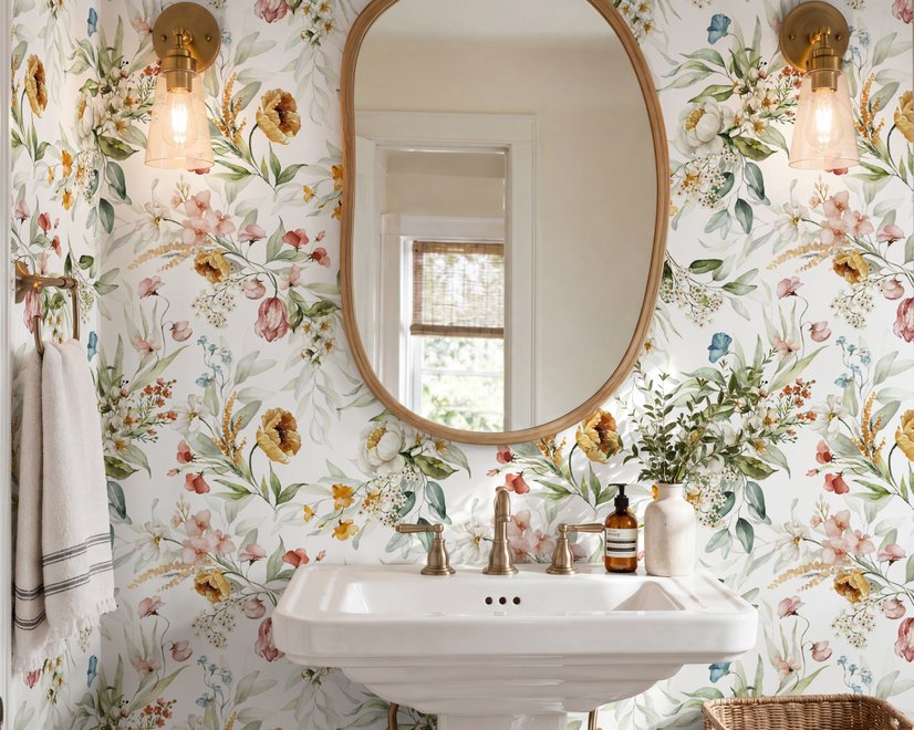 Watercolour floral wallpaper with sage leaves, blush and ochre flowers on a white ground