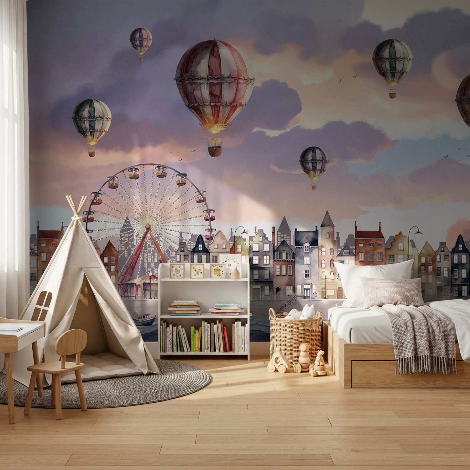 Kids Harbor Village and Hot Air Balloons Wallpaper Mural - Peel and Stick