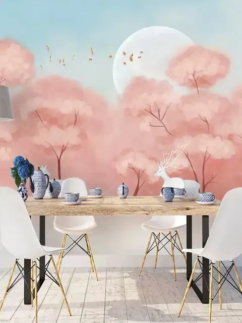 Pink Forest and Horned Deer Wallpaper Mural