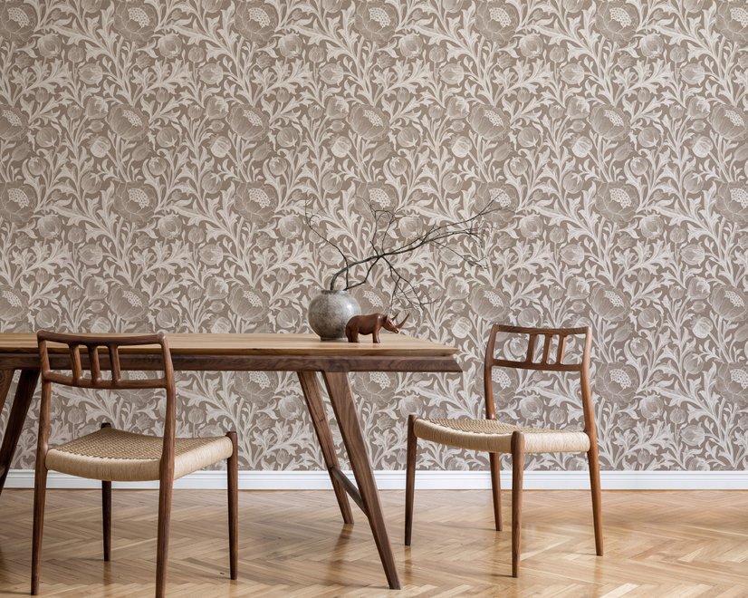 Greige botanical wallpaper with white watercolour flowers, buds, seed heads and acanthus leaves