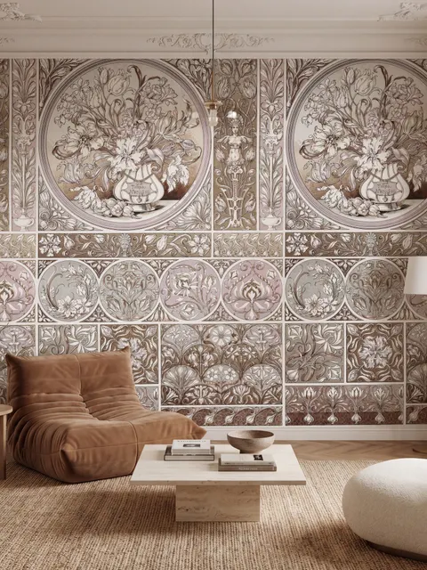 Antique wallpaper mural with Art Nouveau floral tile panels, sepia borders and blush botanical medallions