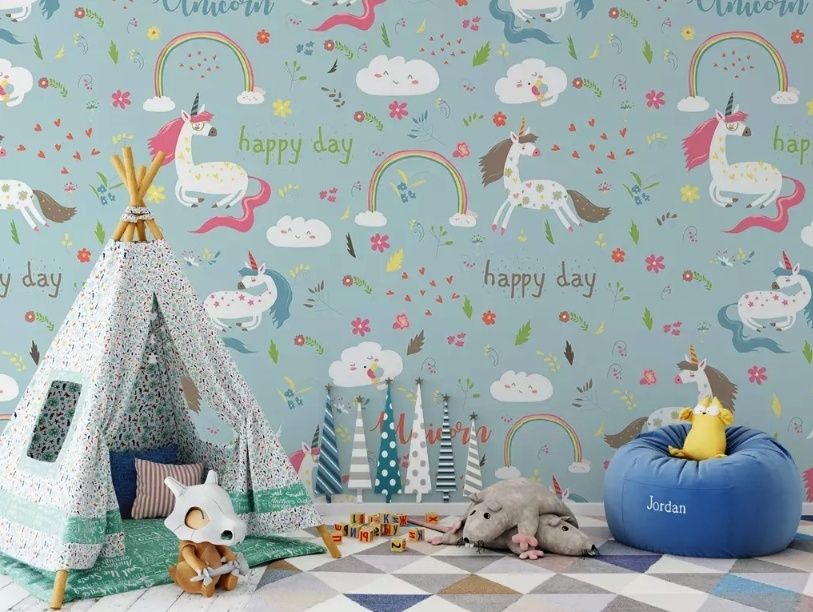 Papier peint panoramique des licornes colorées de dessins animés