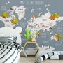Kids World Map with Cartoon Animals Wallpaper Mural