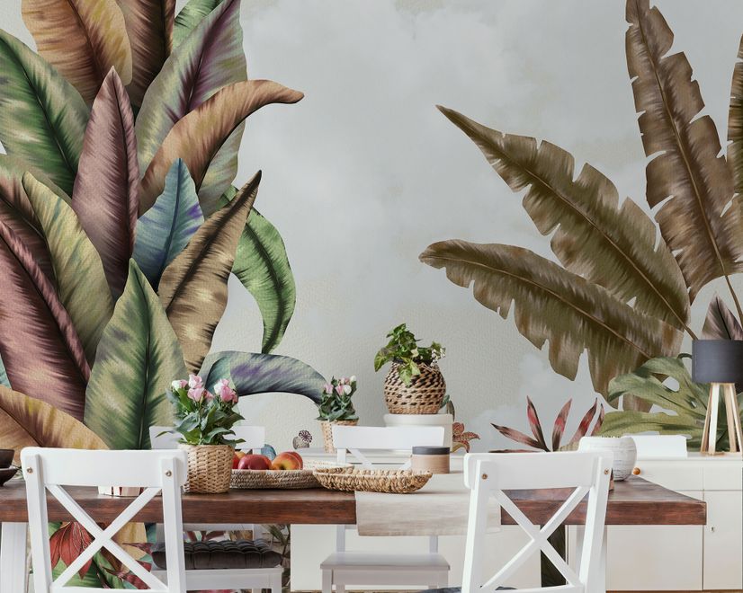Papier peint panoramique vintage à feuilles tropicales