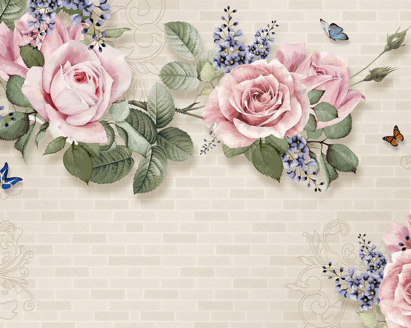Papier peint panoramique floral vintage rose pastel