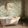 Light green and blue wallpaper with painted sage bamboo canes, olive leaves and pale celadon foliage ground