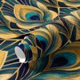 Art Deco feathers wallpaper with turquoise peacock eyes, gold plumes and navy teal ground