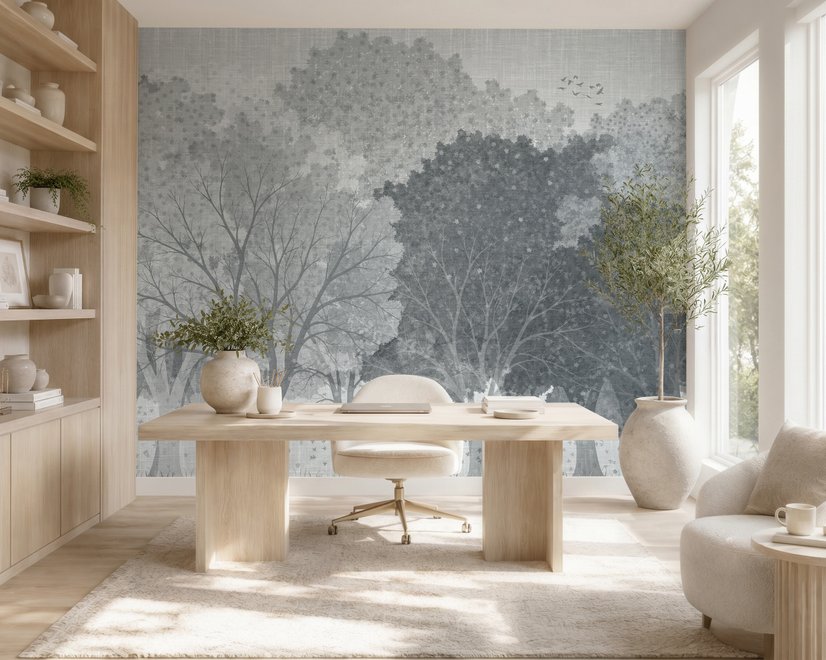 Light gray wallpaper mural with misty forest trees, falling leaves and birds