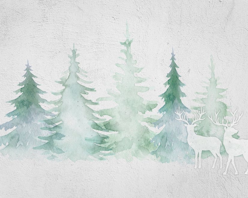Papier peint panoramique forêt de pins d'hiver à l'aquarelle