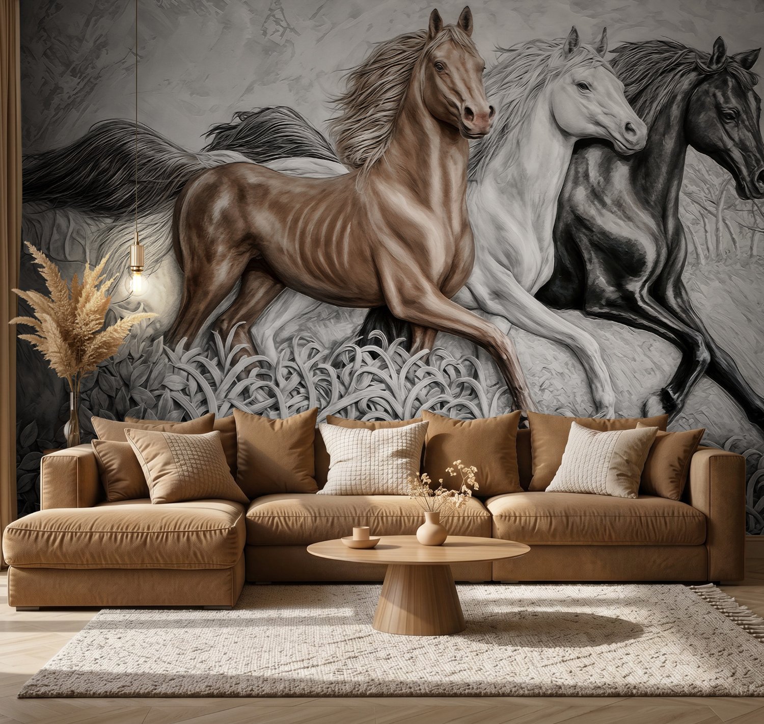 3D Embossed Look Horses Wallpaper Mural - Peel and Stick