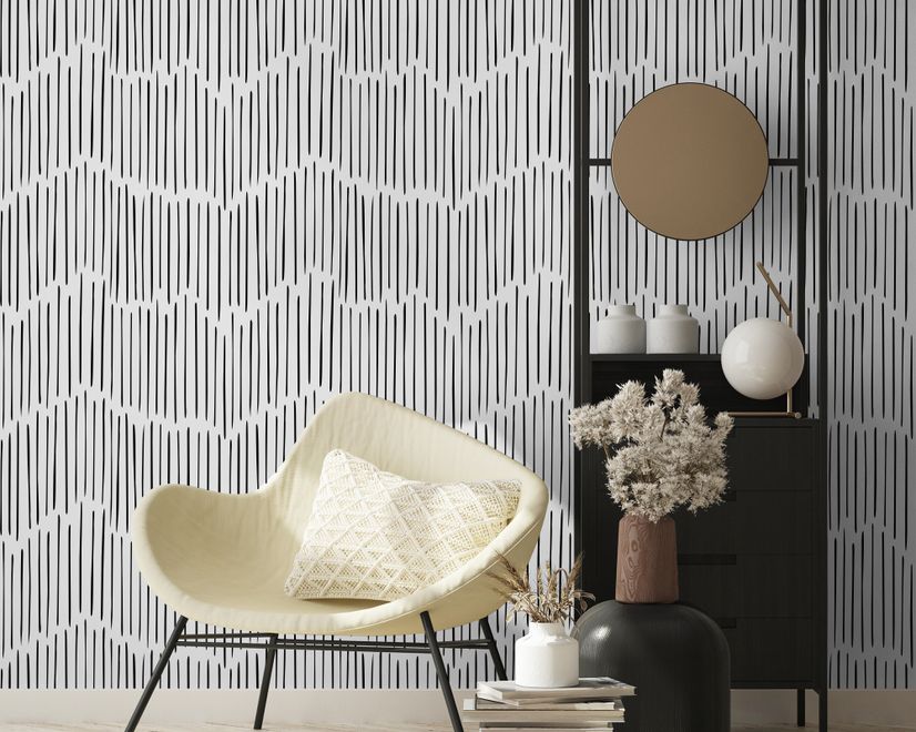 Papier peint panoramique noir et blanc minimaliste avec lignes chevron