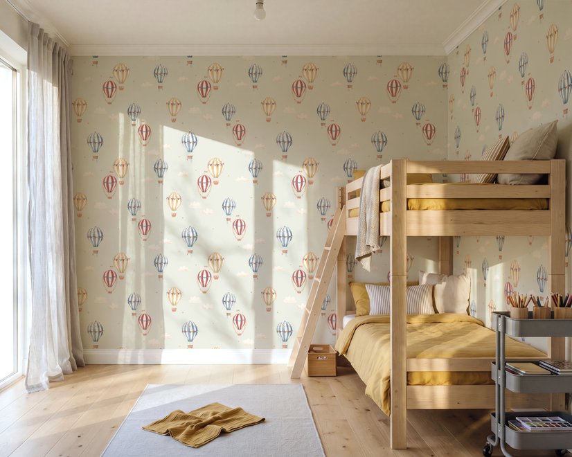 Watercolor blue wallpaper with hot air balloons, cream clouds and peach stars on pale sage green