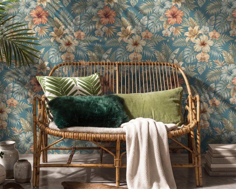 Blue tropical wallpaper with hibiscus, orchids, lilies, monstera leaves and palm fronds on a deep teal-blue ground