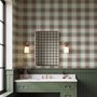 Sage green and cream-white tartan plaid wallpaper with deep red stripes and woven thread texture