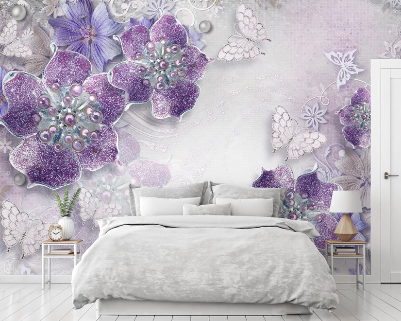 Purple Ornament Floral with Little Butterfly Wallpaper Mural