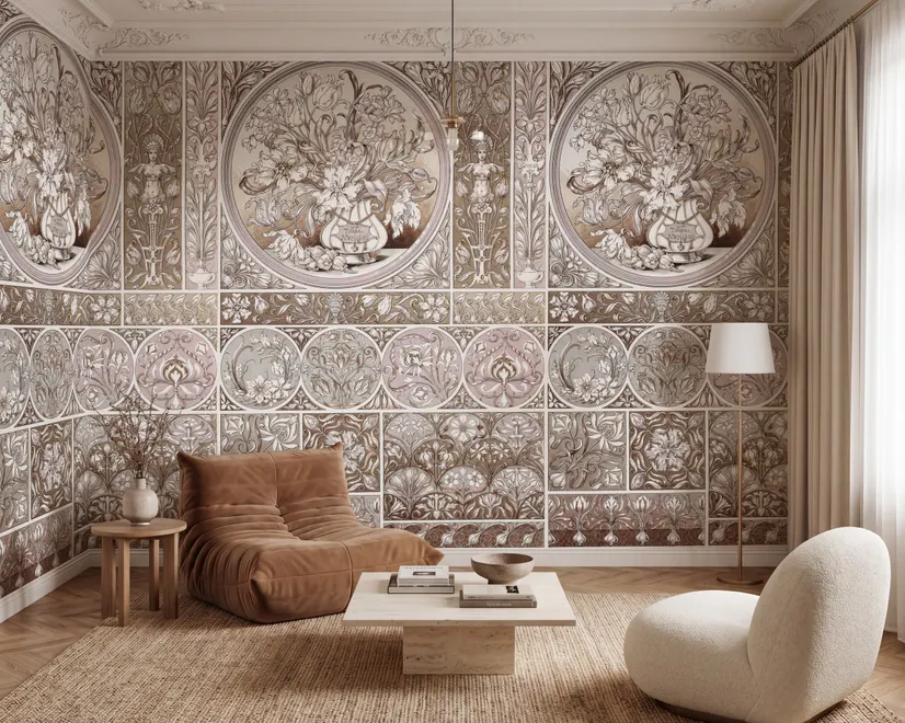 Antique wallpaper mural with Art Nouveau floral tile panels, sepia borders and blush botanical medallions