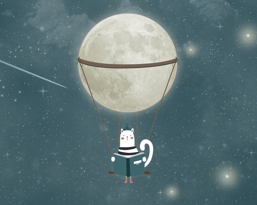 Schaukelnde Katze mit leuchtendem Mond Fototapete für Kinder