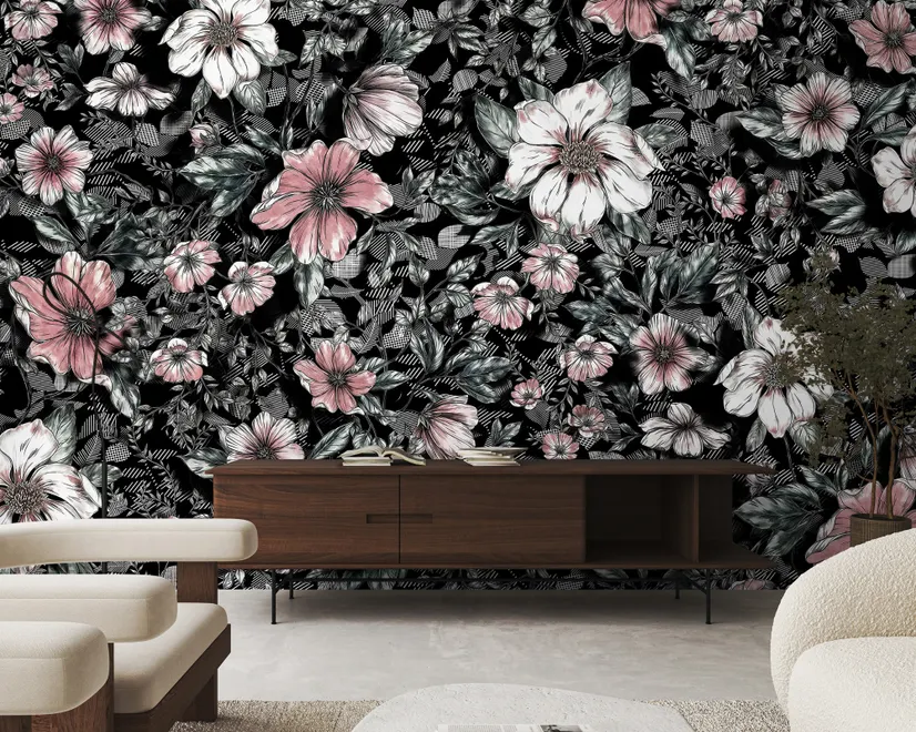 Papier peint panoramique floral foncé avec marguerite blanche