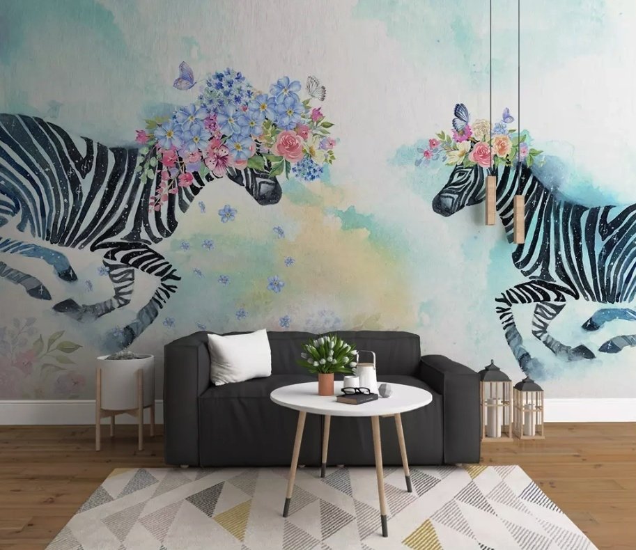Colorful Flowery Zebra Wallpaper Mural - Peel and Stick