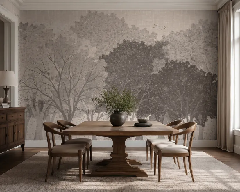 Misty forest nature wallpaper mural in greige, taupe and charcoal watercolour with birds