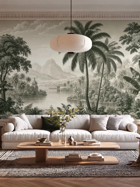 Sepia tropical landscape wallpaper with palms, banana plants, lagoon, bridge and mountains