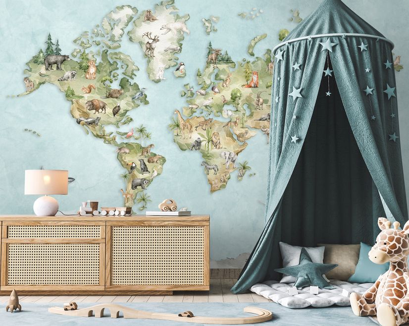 Watercolor Kids World Map with Soft Animals Wallpaper Mural