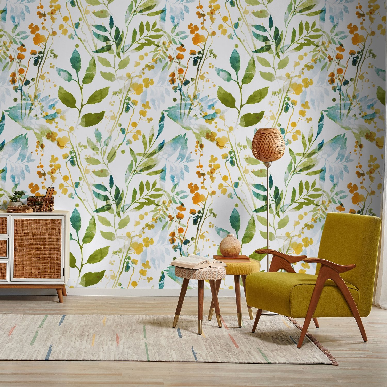 Colorful Watercolor Leaf & Plants Wallpaper Mural - Peel and Stick