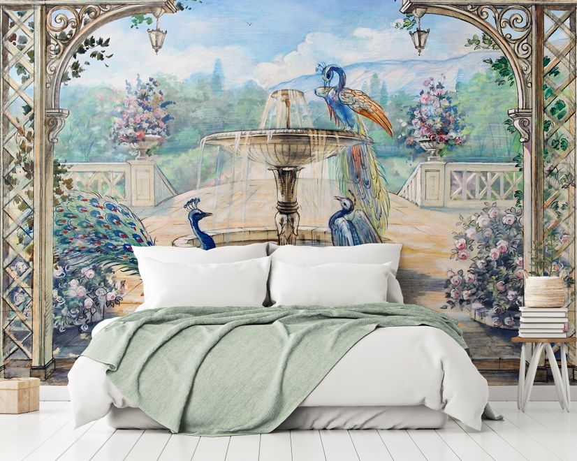 Painting Garden with Fountain, Peacock and Roman Column Wallpaper Mural