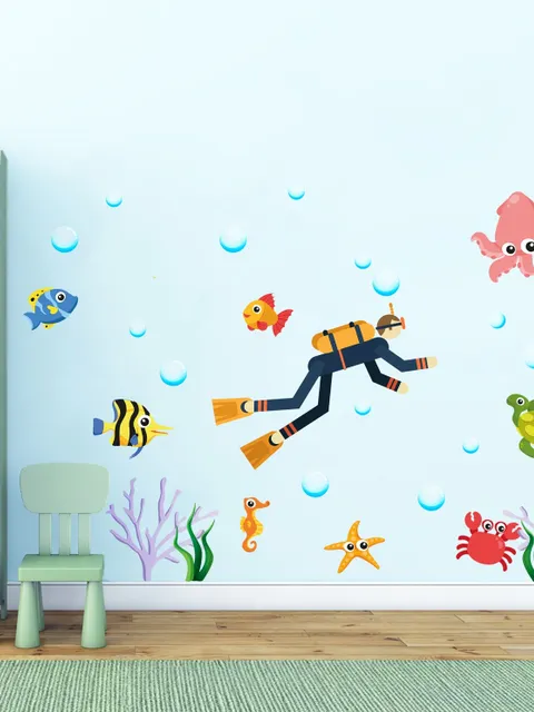 Kids Cartoon Sea Underwater with Fish Man Wall Decal Sticker