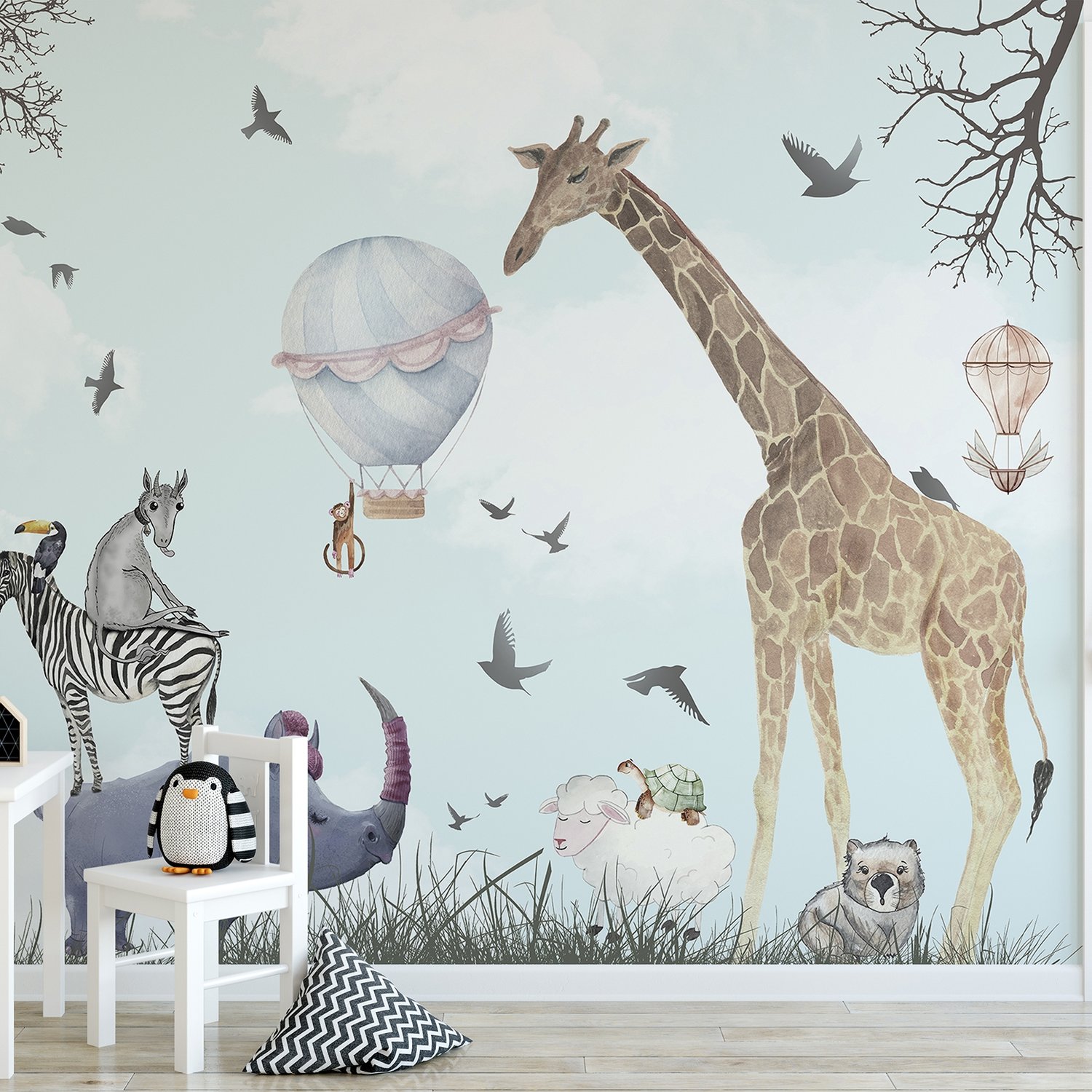Kids Watercolor Woodland Animals with Giraffe Zebra Hippopotam Wallpaper Mural - Peel and Stick