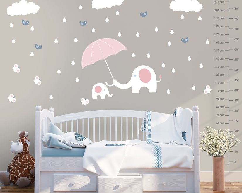 Kids Calf Elephant with White Raindrops and Little Butterfly Wall Decal Sticker