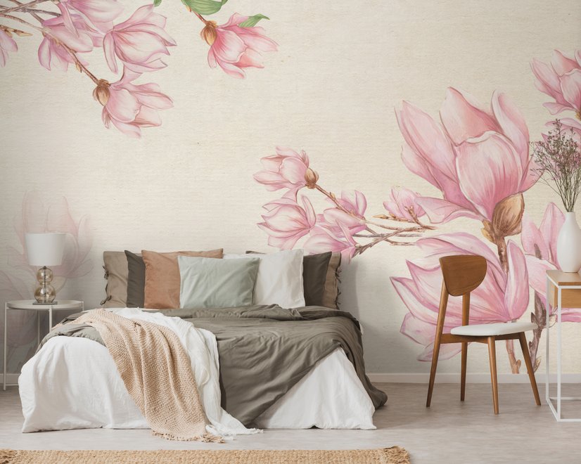 Watercolor Pink Magnolia Blossom Wallpaper Mural