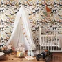 Zoomie kids wallpaper with painted dog breeds in tan, brown, black and grey on white
