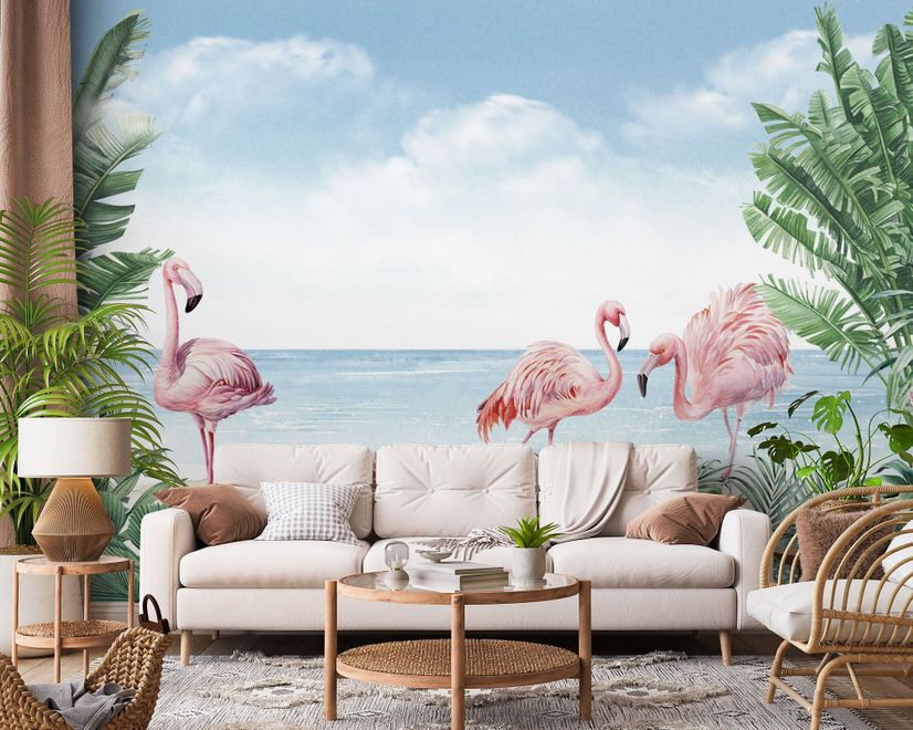 Tropische Landschaft mit Flamingos Fototapete