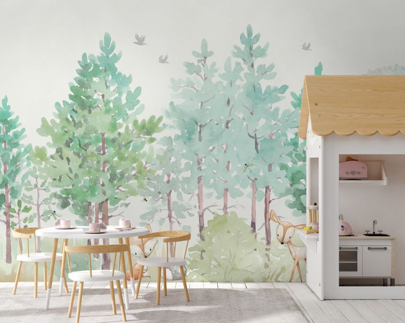Watercolor Green Forest and Cute Fox,Hedhehog and Elk Wallpaper Mural