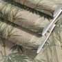 Vintage bamboo wallpaper with sage and smoky blue-green leaves on a warm taupe ground