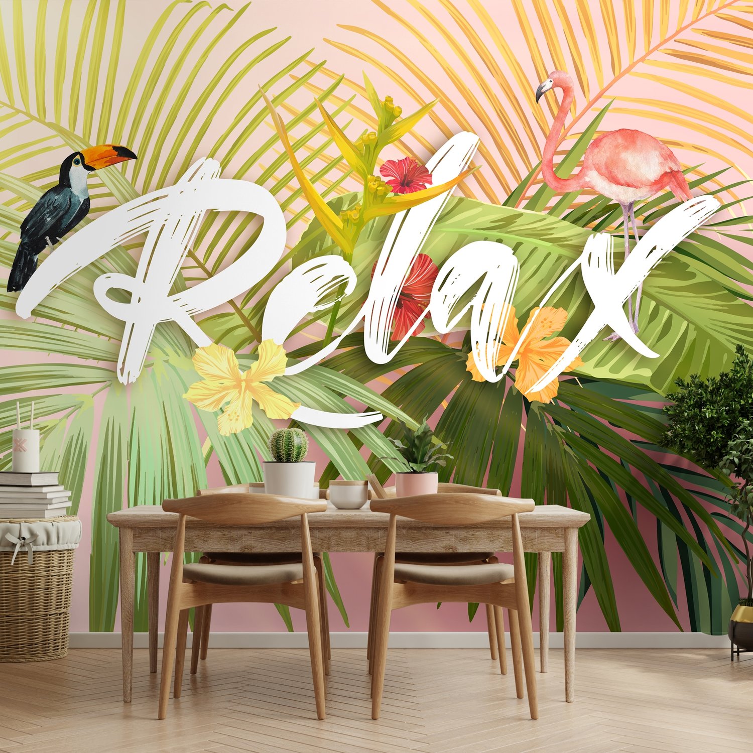 Pink Flamingo with Colorful Tropical Leaves Wallpaper Mural - Peel and Stick