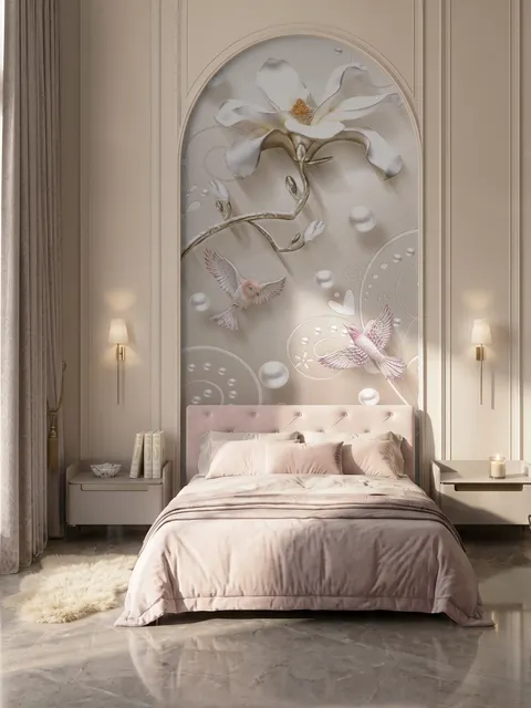 Papier peint panoramique fleurs de luxe avec perles effet 3D