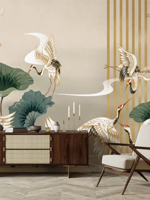 Chinese Crane Birds with Lotus Florals Wallpaper Mural