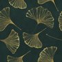 Dark green wallpaper with metallic antique-gold etched ginkgo leaves on a textured forest-green teal ground