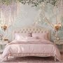 Watercolour nature wallpaper with lilac wisteria, pale trees, sage foliage and small songbirds around a misty clearing